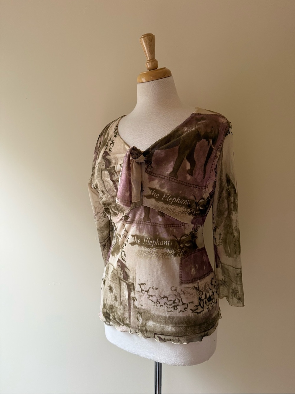 Bianca Nygard Y2K SemiSheer Mesh Elephant Jungle Print Top Size M